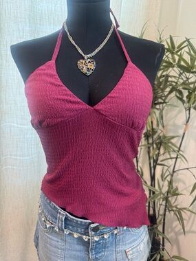 Womens Halter V-Neck Tank Top in Berry